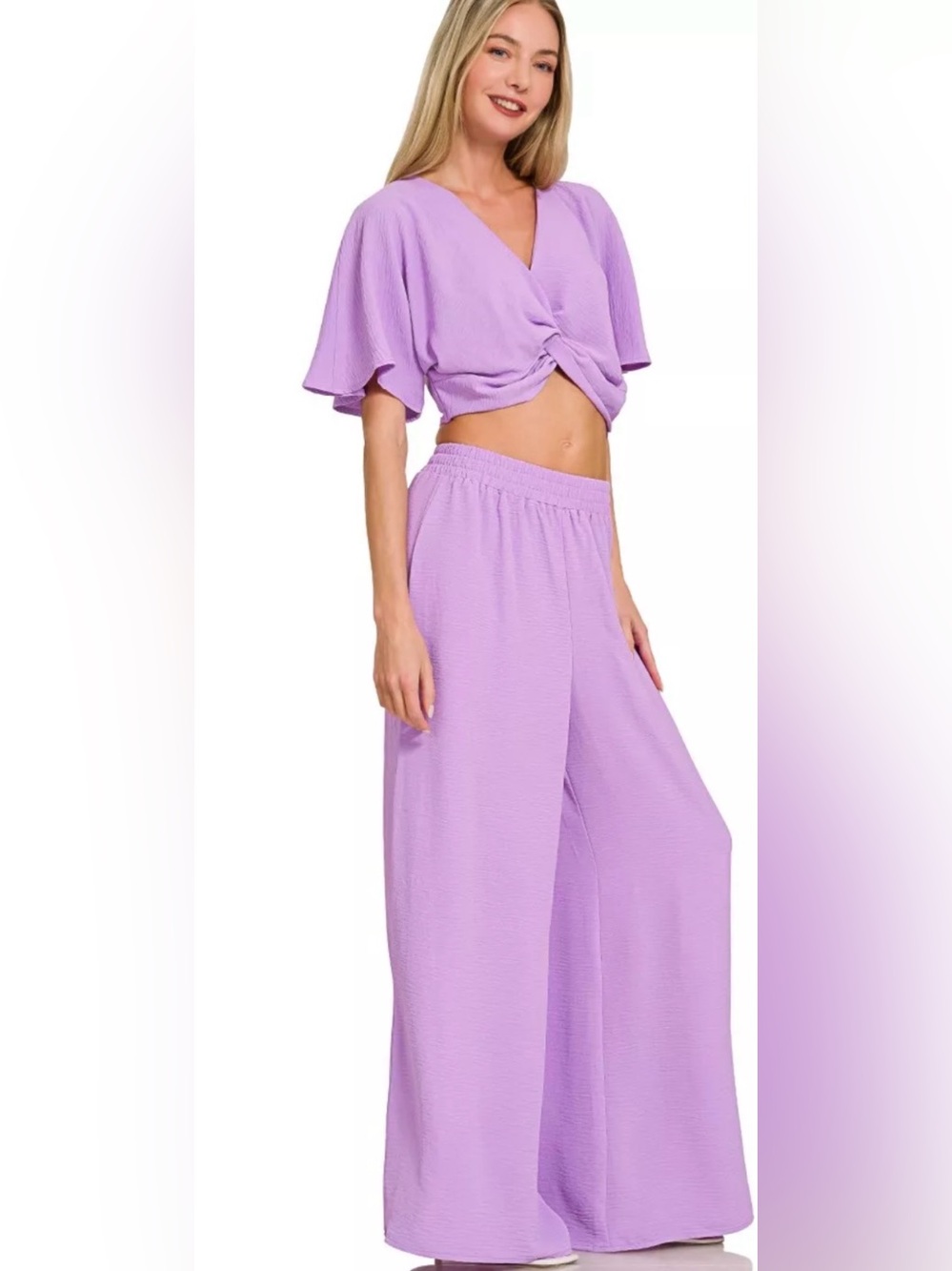 Zenana Woven Airflow Twisted Top in Lavender Wide-Leg Elastic Waist Pants Set